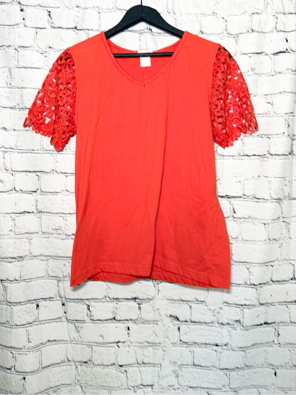 Women’s V-Neck Tee with Crochet Short Sleeves — Coral